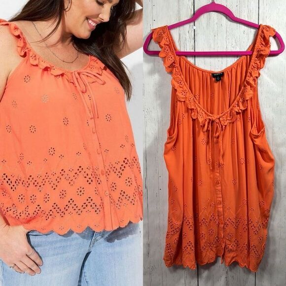 torrid Tops - Torrid Eyelet Orange Ruffle Tie Front Womens Sleeveless Summer Casual Tank Top